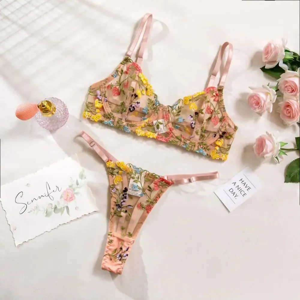 2-Piece Floral Lingerie Set Embroidery Sheer Underwear Intimates Versatile Underwire Push-up Bra Panty Set For Lady Girl