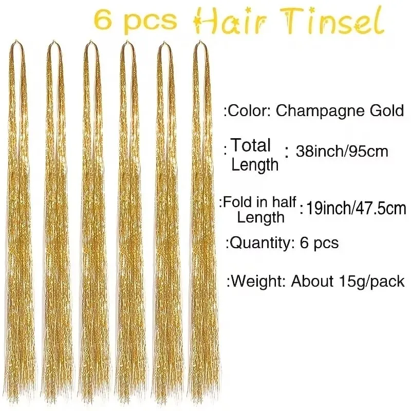 6pcs/set 38Inch Long Sparkling Fairy Hair Tinsel Rainbow Extensions Suitable for Braids Ponytails Shiny Strands Accessories