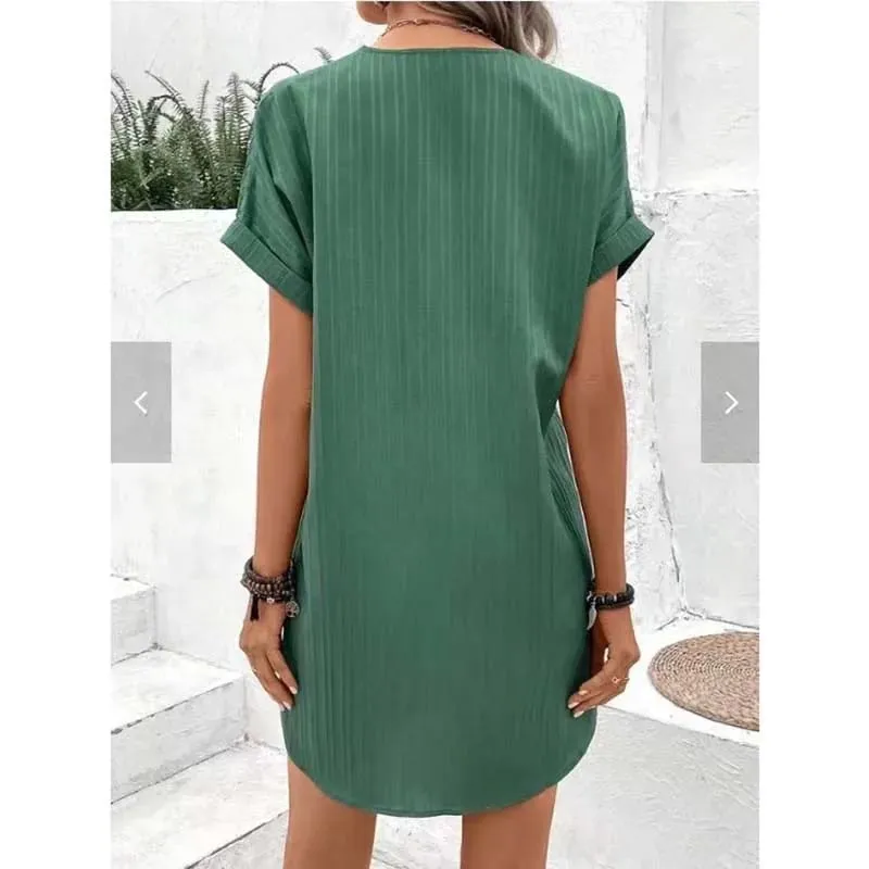 Women's Summer Solid Color Simple Short-Sleeve V-Neck Shirt Dress Comfortable Casual Elegant Loose-Fit Dress with Button Desig