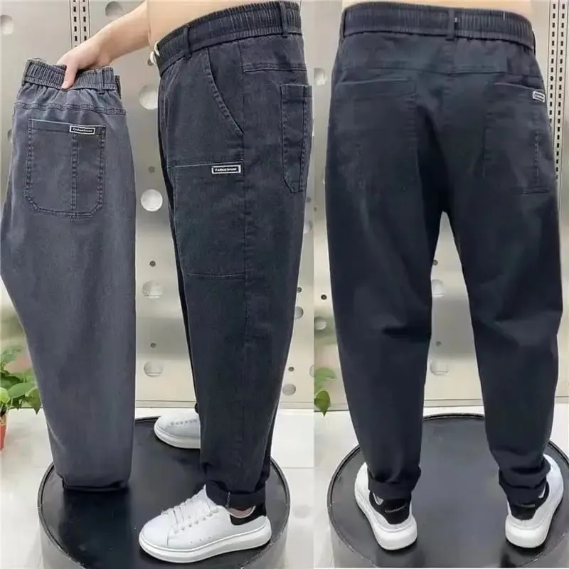 Harajuku Stretch Korea Streetwear Loose Solid Denim Jeans Elastic Waist for Men Spring Summer New plus size 7XL 8XL Casual Pants