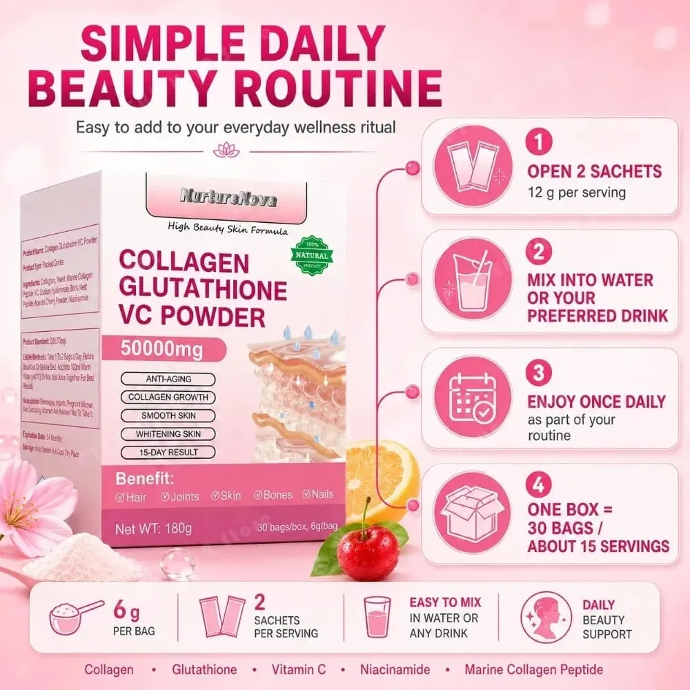 Collagen Peptides Glutathione Vitamin C Powder 30 Sachets Marine Collagen Drink Mix for Beauty Wellness Support Adults 180g
