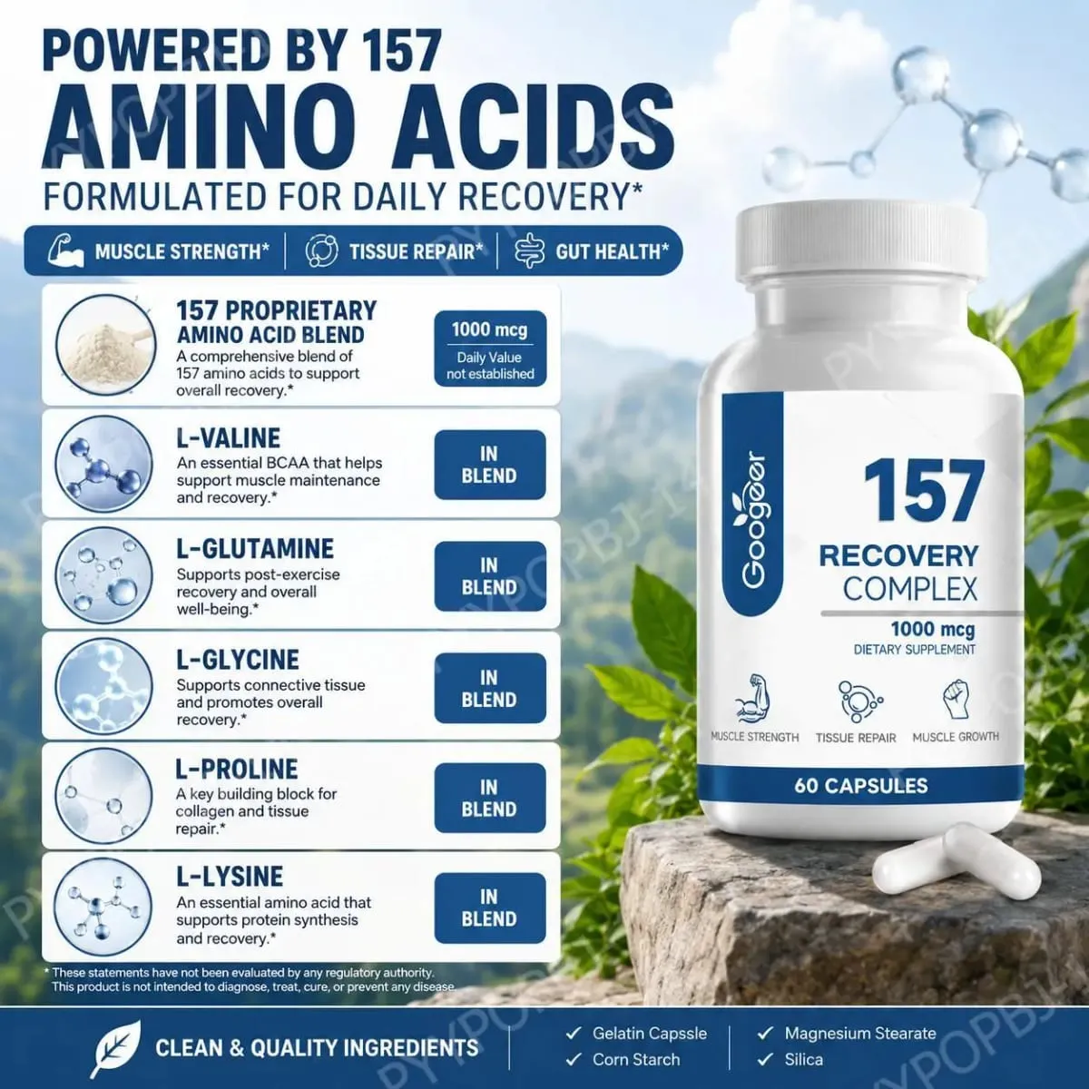 Googeer 157 Recovery Complex Capsules for Muscle Strength and Tissue Repair L-Lysine Amino Acid Blend Daily 60 Capsules