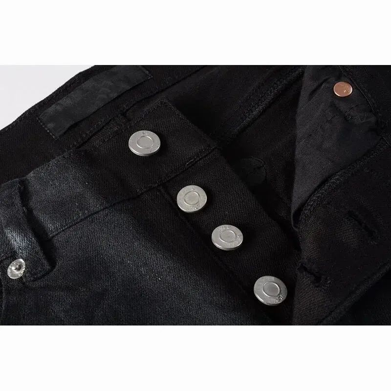 Men's Black Coated Slim Tapered Jeans Washed Distressed Design Button Fly High Street Style