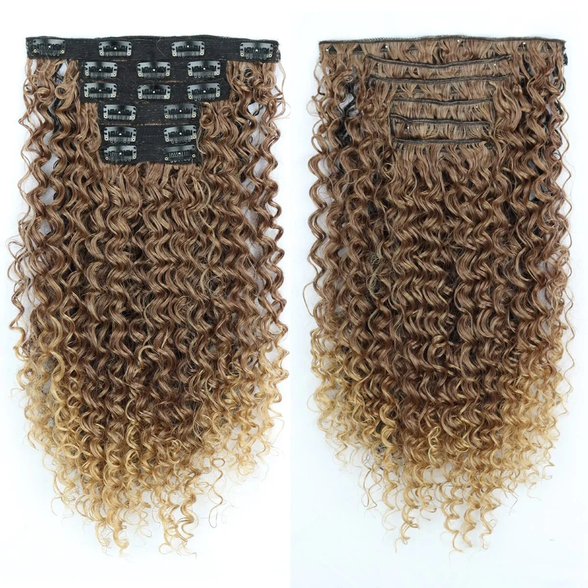 Synthetic Kinky Curly Clip On Hair Extensions Black Blonde Fluffy Kinky Curly Full Head Fake Pieces Hair Extensions For Women
