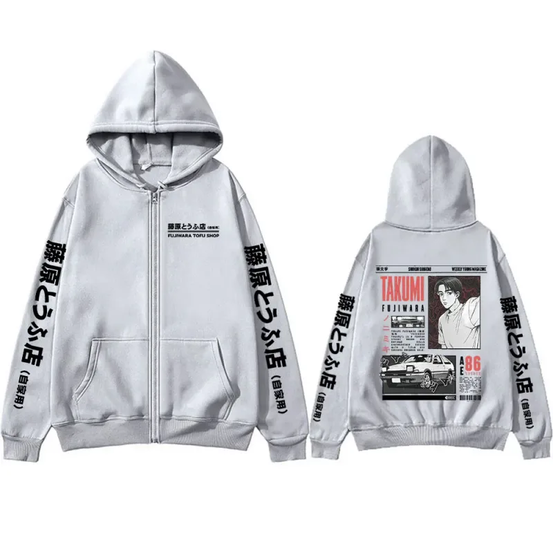 Anime Initial D Drift AE86 Takumi Fujiwara Tofu Shop JDM Car Zipper Hoodies Men Women Long Sleeve Zip Up Sweatshirts Jacket Coat