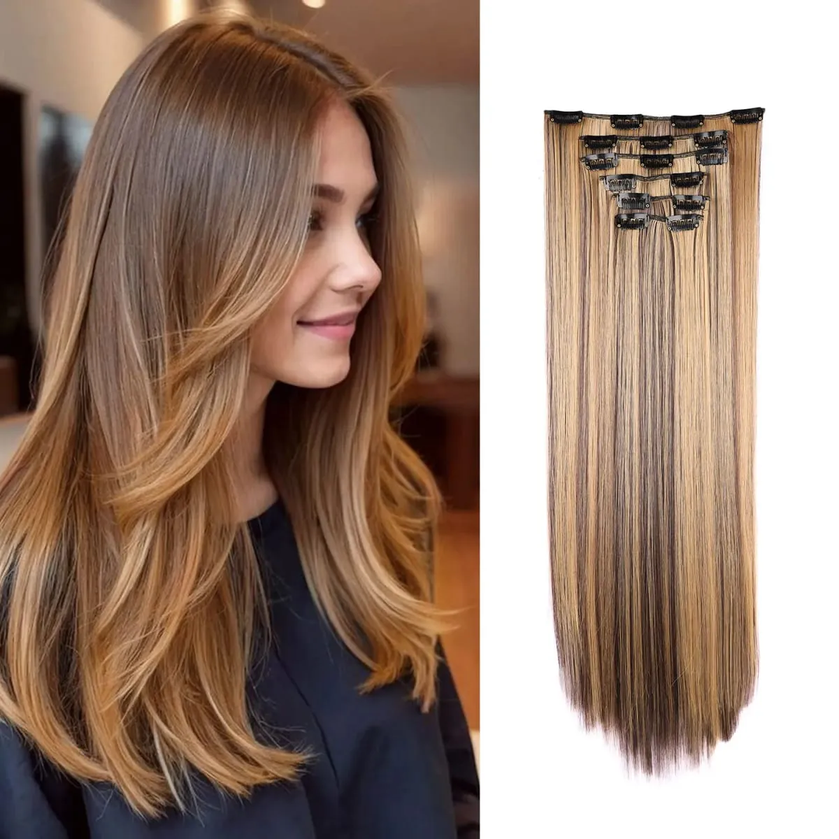 Synthetic Clip in Hair Extensions Clip in 6pcs set Straight Hair 22inch Thick Hairpieces for Women Girls Daily Party