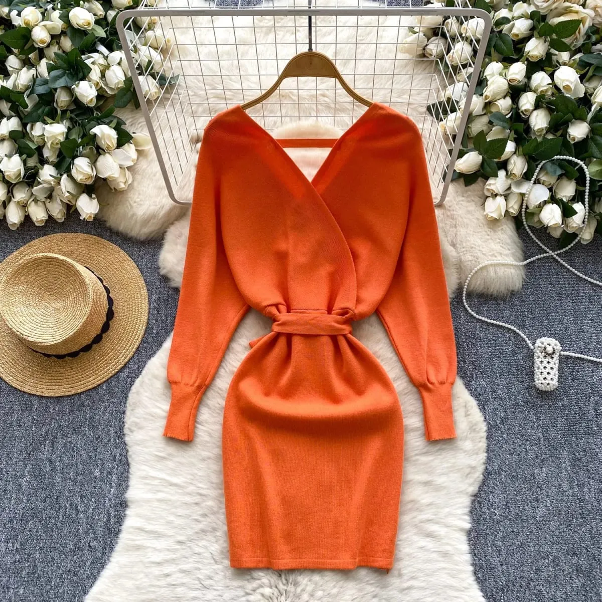YuooMuoo Women Dress 2026 Autumn Winter V-neck Slim Waist Wrap Hips Knitted Short Dress Streetwear Lady Vestidos