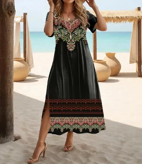 Vestido étnico boêmio com estampa floral casual férias de manga curta tamanho grande
