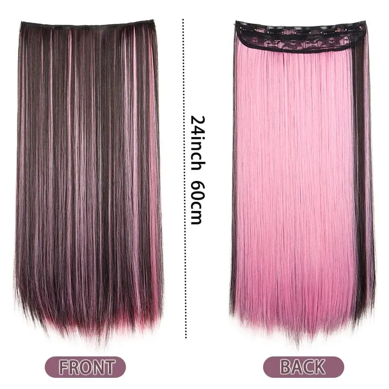 Synthetic 24Inch Long Straight 5 Clips Colorful Highlight Hair Extension Natural Soft Silky Hairpiece for Women Daily Use