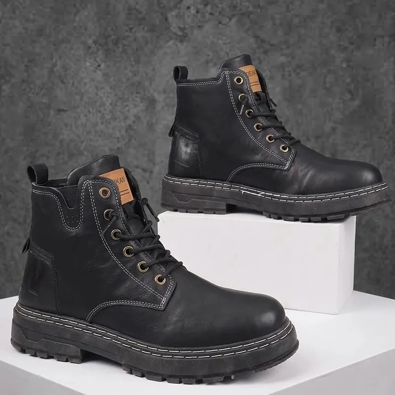 Mænd High-top Casual Støvler Kunstlæder Snørebånd Tykke skridsikre bloksål Syet detalje til Urban Street daglig udflugt