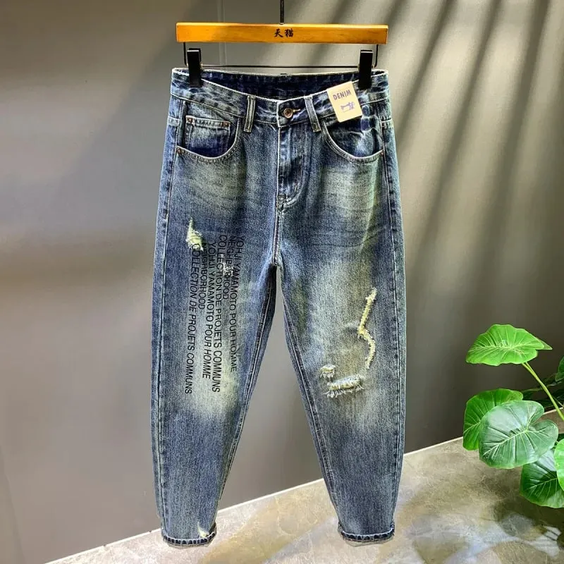2025 Autumn/Winter New Men's Trendy Piercing Patch Jeans with Letter Printed Micro Loose Pants
