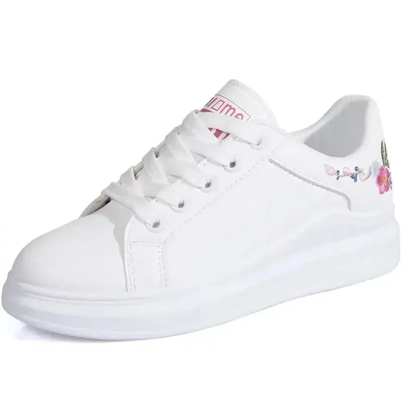 Shoes 2025 Women Running Spring Autumn Fashion White Breathable Embroidered Flower Lace-Up Casual Sneakers Zapatos De Mujer