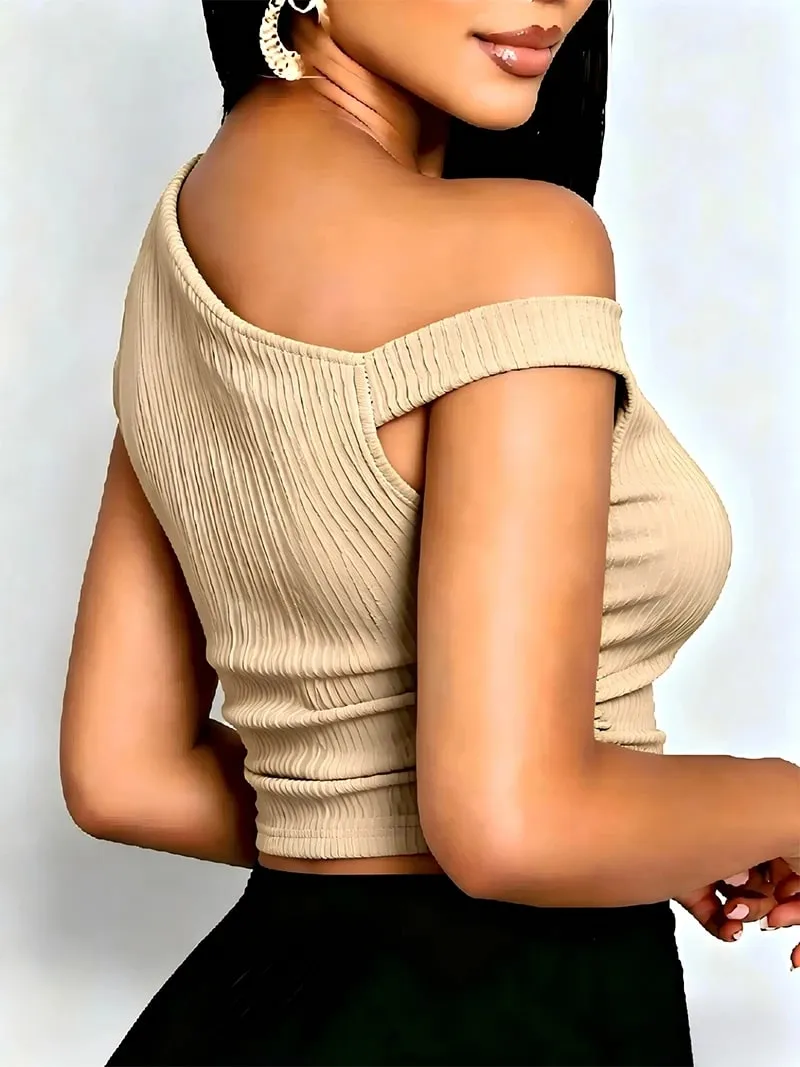 Y2K Minimalist Basic Casual Summer Women‘s Asymmetric Tank Top Sleeveless Solid Color Off Shoulder Side Ruched Crop Tops