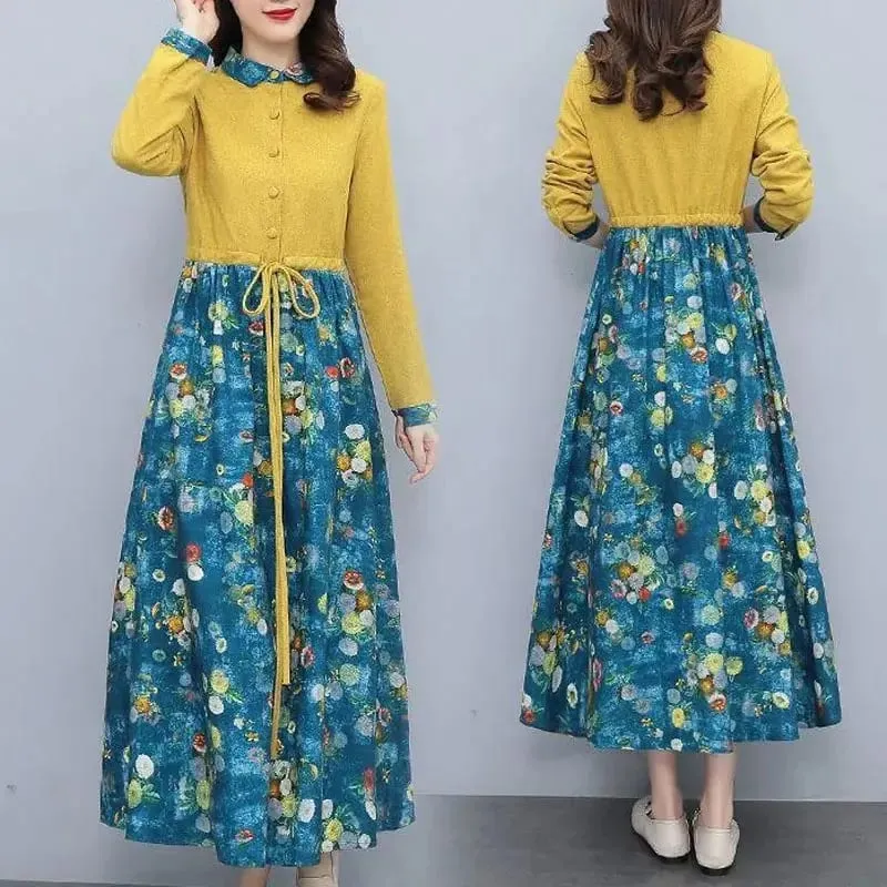 Pambabaeng Damit Mga Kaswal na Naka-print na Dress Spring Autumn Bagong Single-breasted Fashion Turn-down Collar Commute Drawstring Long Dress