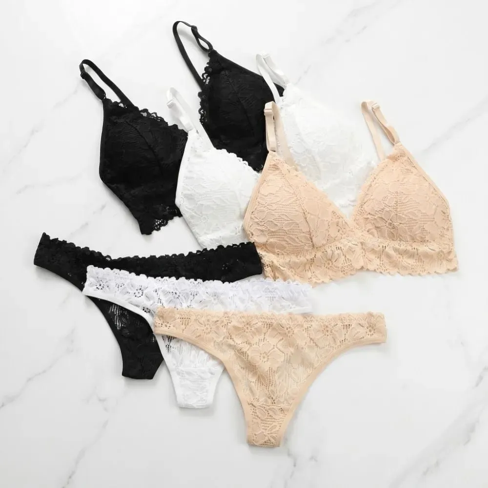 V Neck Lace Flower Bra Set Thong Solid Color Floral Panties Bra Kit Transparent Lingerie Lace Underwear Valentine's Day Gift