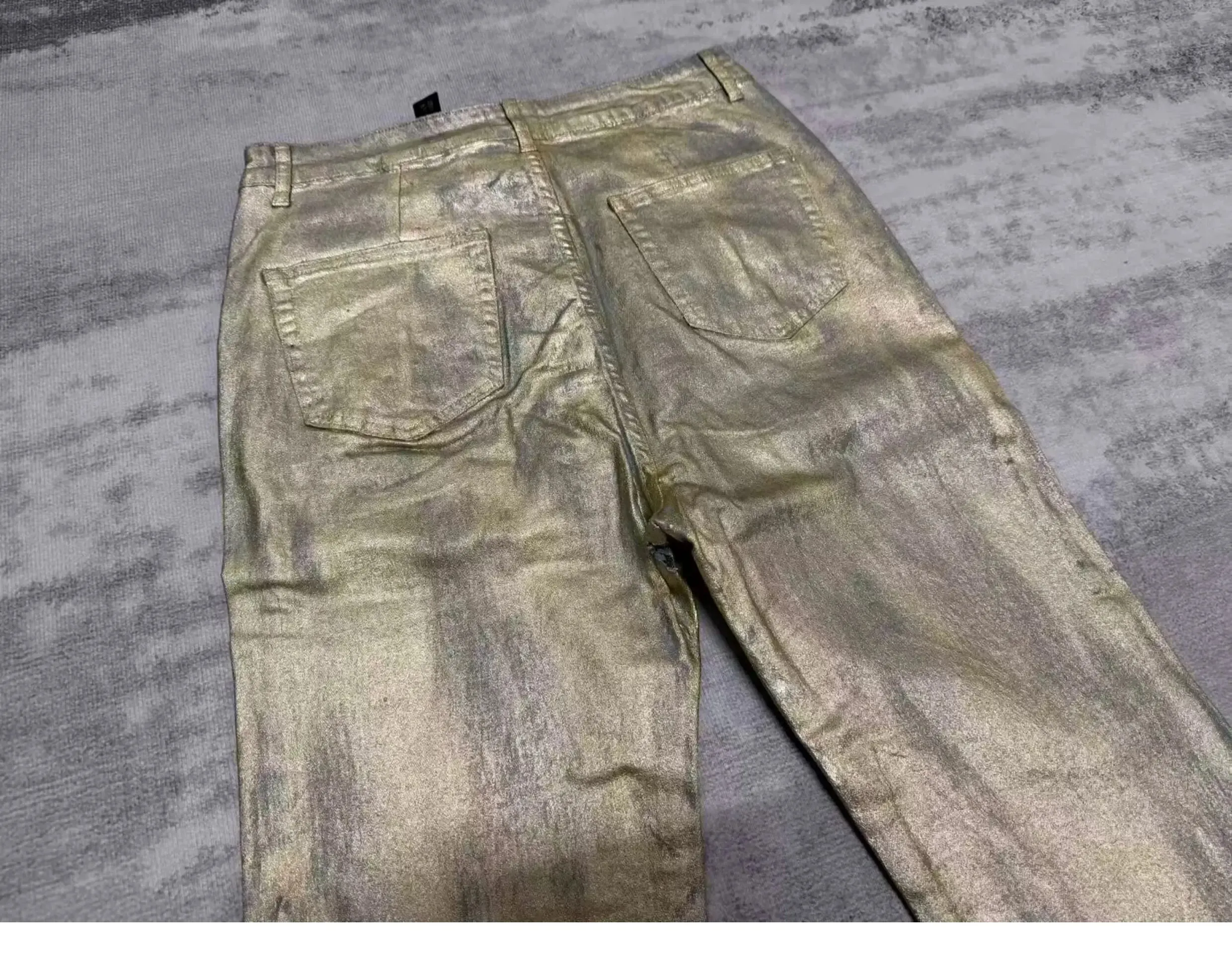 High Street RO Wind Pant Men Heavy Industry Coating Gold Brushed Three Dimensional Floor Pulling Horn Jeans Gold Plated Pants