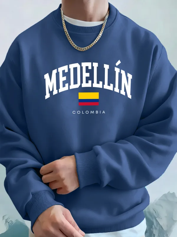 Medellin Colombia Letter And Flag Printed Men'S Hoodies Comfortable Fleece Sweatshirts Soft Fashion Tops Street Warm Clothes