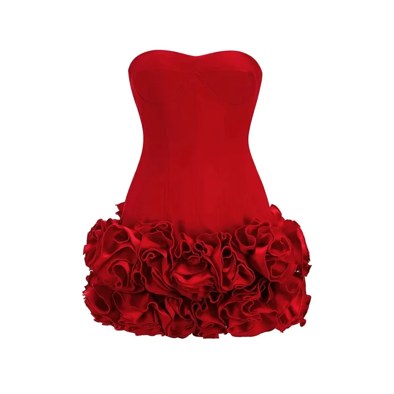 VC Weihnachtskleid, trägerlos, rückenfrei, rot, strukturiert, mit Blumen verziert, Minilänge, figurbetont, Promi-Party-Cocktailkleid