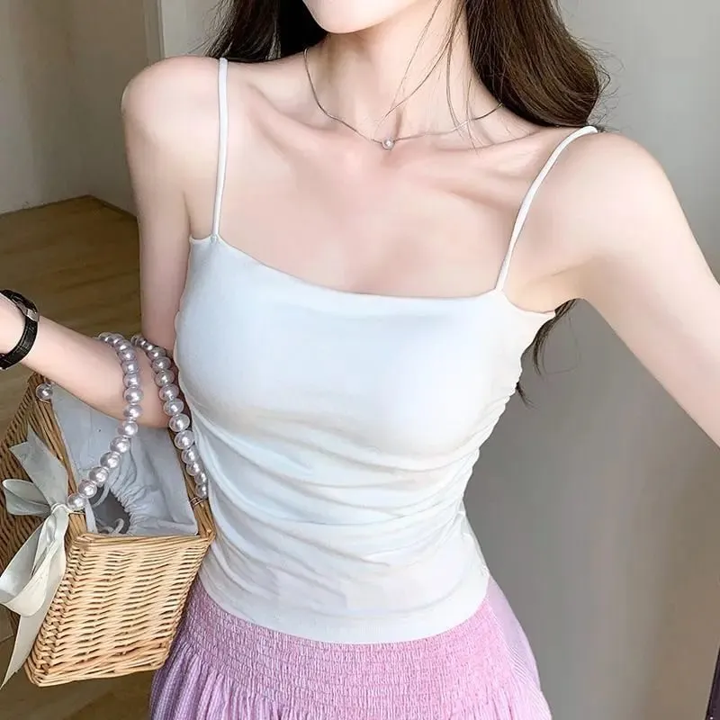Summer Korean Women Spaghetti Strap Crop Top With Bra Bodycon Sleeveless Cami Tube Top Basic Camisoles Y2K Sexy Tank Tops