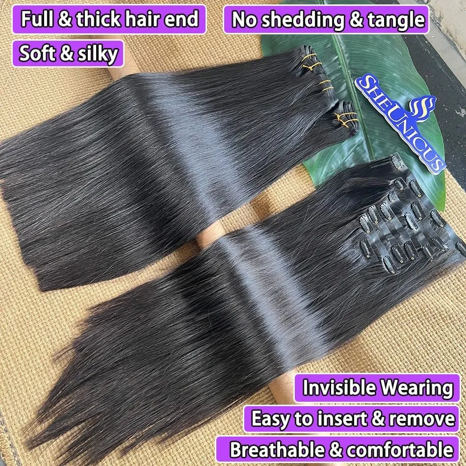 Double Drawn Straight PU Clip Ins Hair Extensions 100% Human Hair Natural Black Color 100g/Set 7pcs Invisible PU Weft Clips Hair