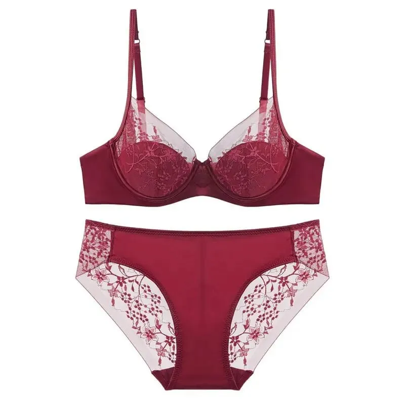Red Lace Lingerie Set Thin Cup Minimizer Bra Panty Kit Comfort Intimates For Big Bust 32‑38 Festive Women Underwear
