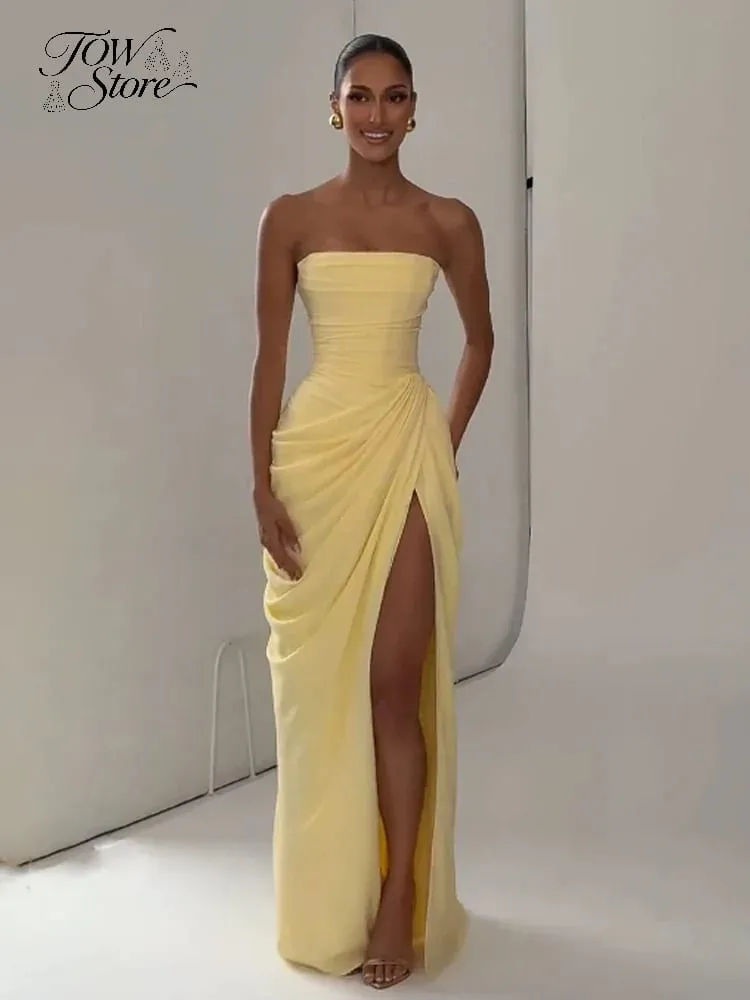 Women Sexy Solid Pleated Strapless Dress Lady Chic Off-shoulder Backless High Waist Split Dresses 2026 Summer Evening Party Gown