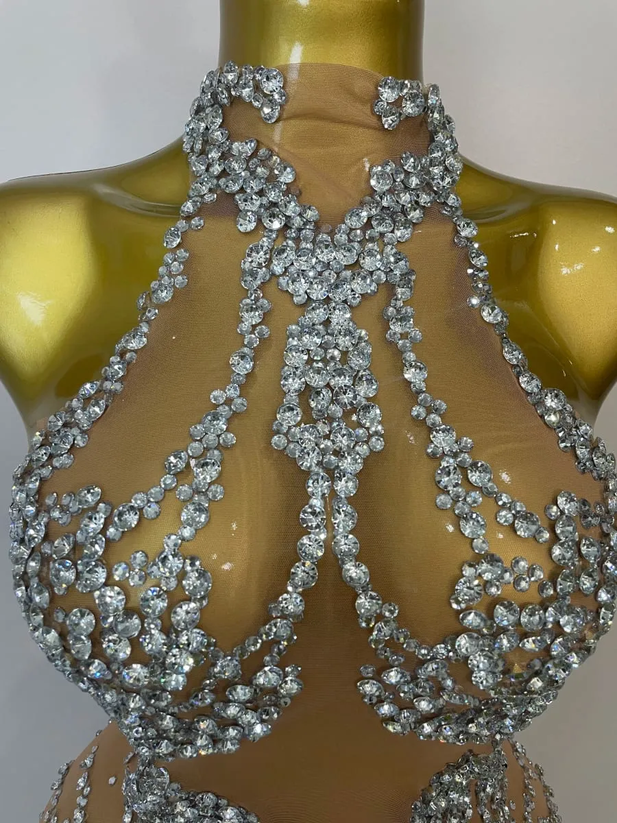Funkelnde Strasssteine ​​Sexy Mesh Durchsichtiges Kleid Party Abend Abschlussball Feiern Geburtstagskleid Sänger Tänzer Show Bühnenkleidung