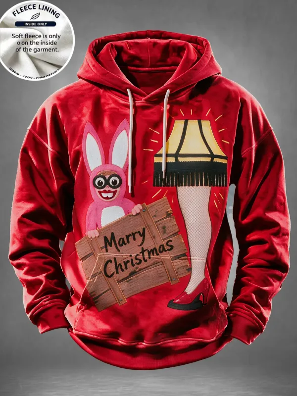 Men Fleece Lined Hoodie Santa Beer Christmas Tree Print Pullover Hooded Sweatshirt Holiday Hoody