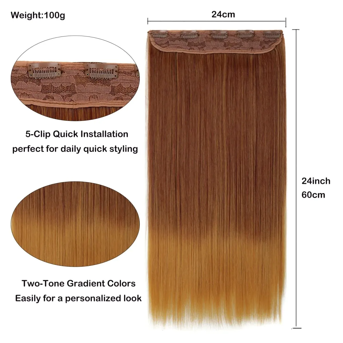 Women Ombre Straight Clip In Hair Extensions 5 Clips One Piece 60cm Heat Resistant Synthetic Hairpiece Multiple Gradient Colors