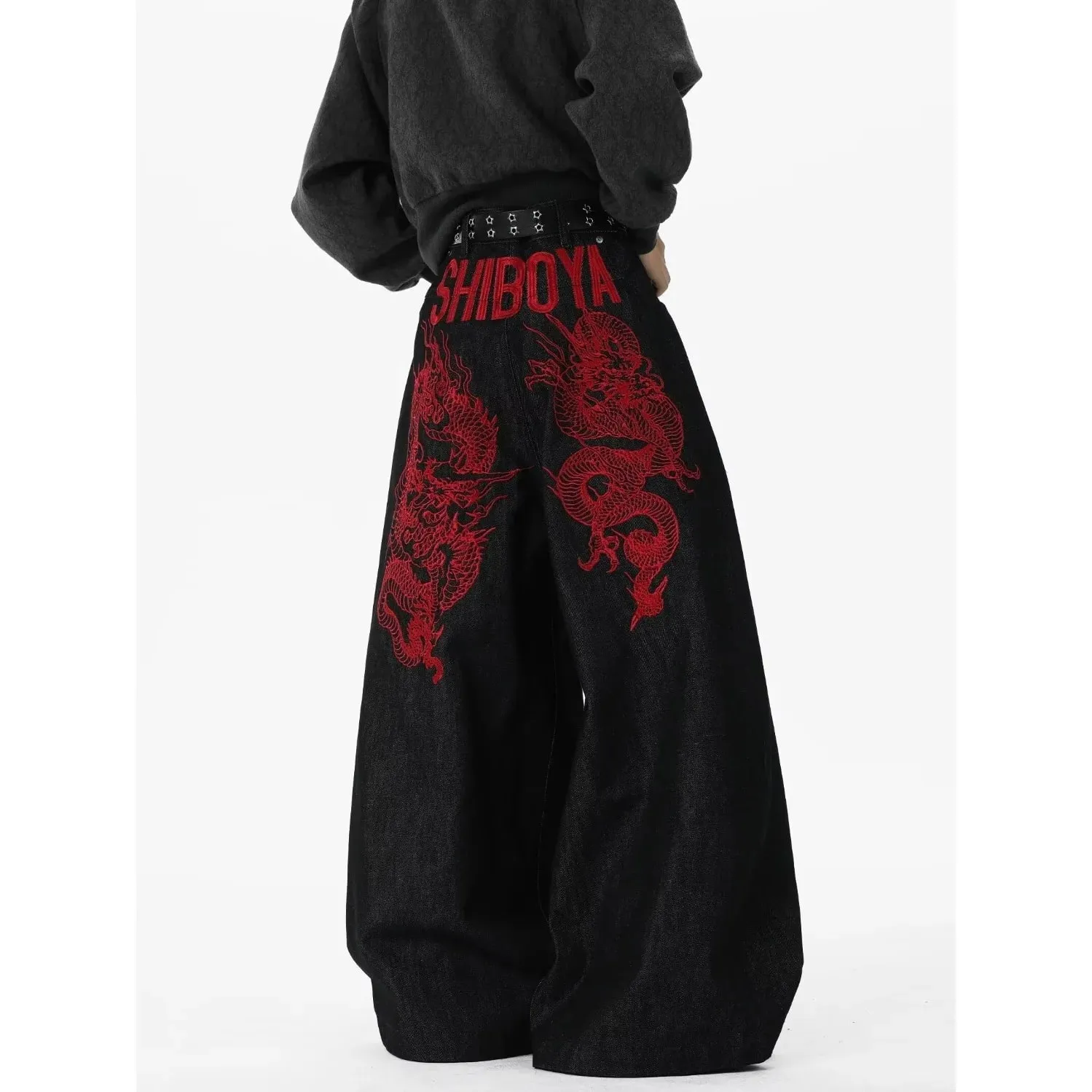 Retro Red Dragon Embroidery Wide Leg Knife Edge Jeans for both men and women Y2K street cool floor length wide leg pants