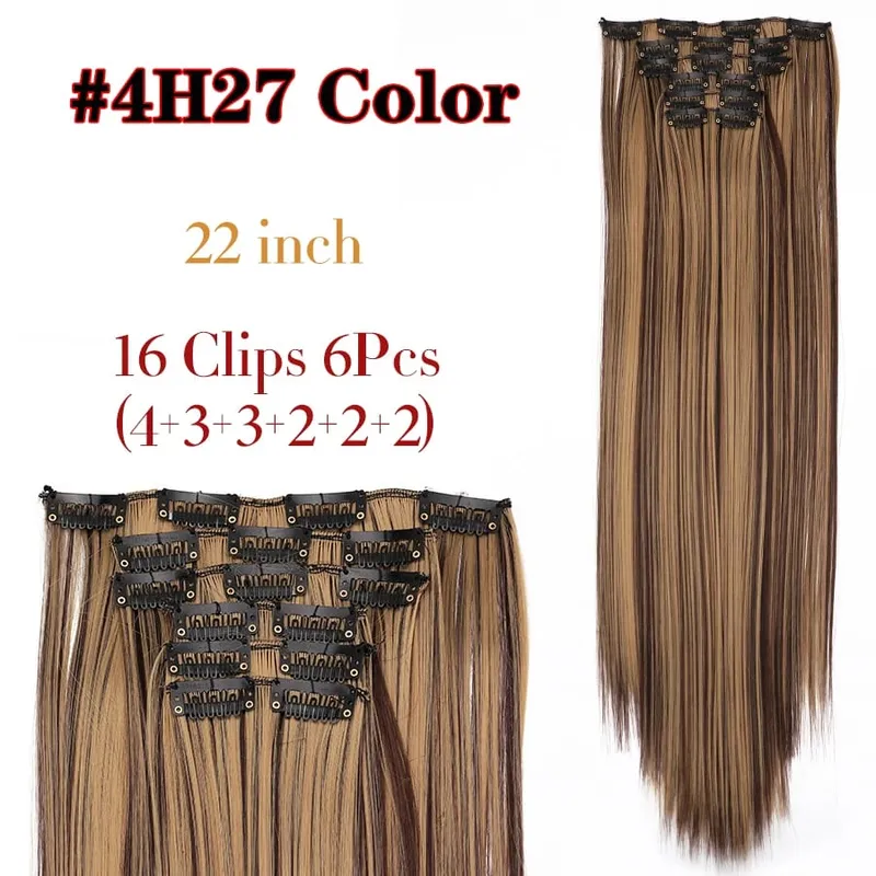 Black Clip In Extensions Straight 22" Long Synthetic Thick Clips On Hair Piece For Women 6Pcs/Set Curly Full Head Weddings Daily