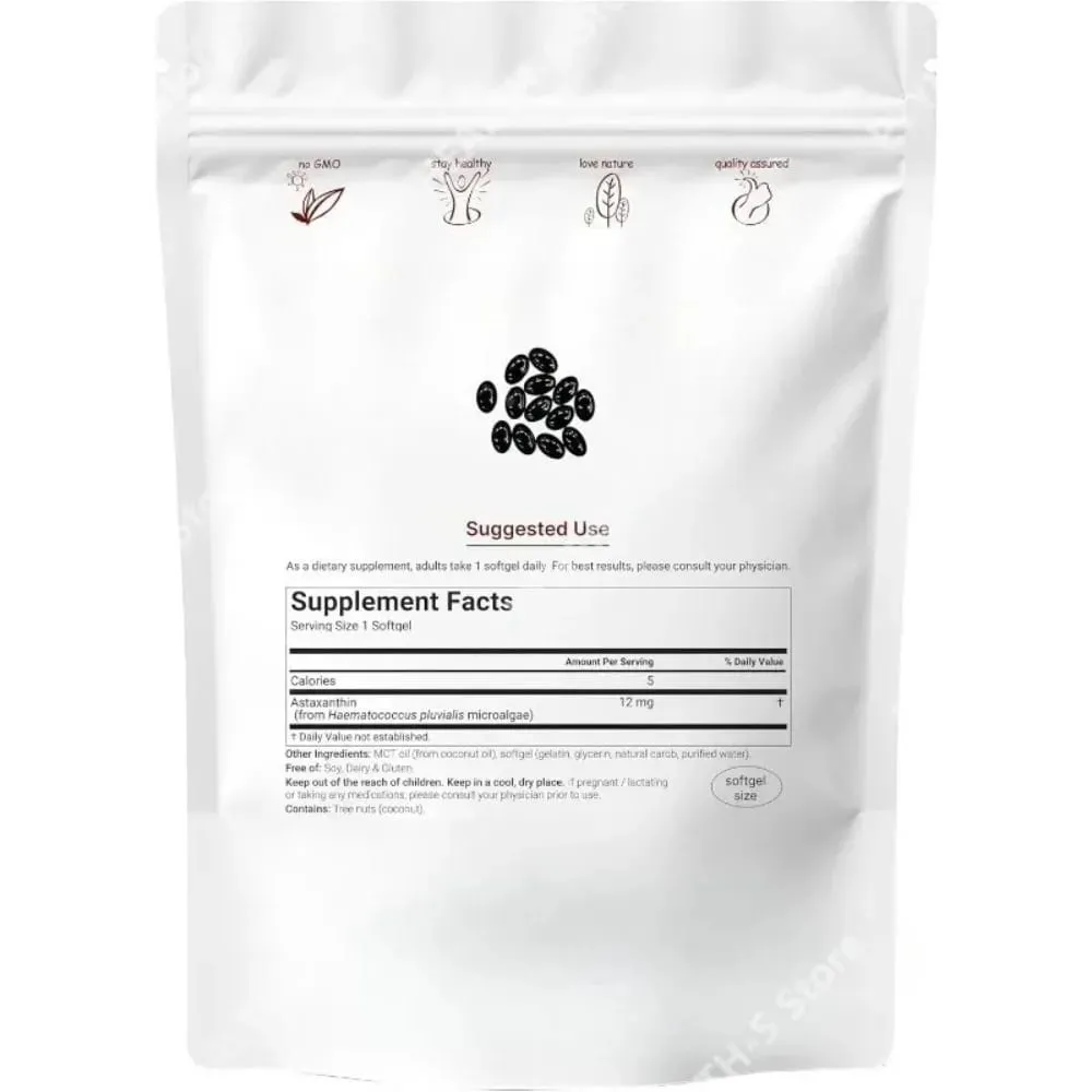 Astaxanthin 12mg Softgels - Καθημερινή Αντιοξειδωτική Υποστήριξη Μη ΓΤΟ χωρίς γλουτένη 120 κάψουλες σόγιας για ενήλικες