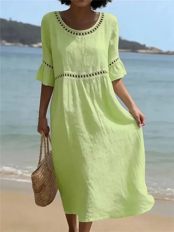 Summer Loose Beach Holiday Long Dress Women Casual Hollow Out Half Sleeve Vacation Sundress Boho Solid Color A-Line Maxi Dresses