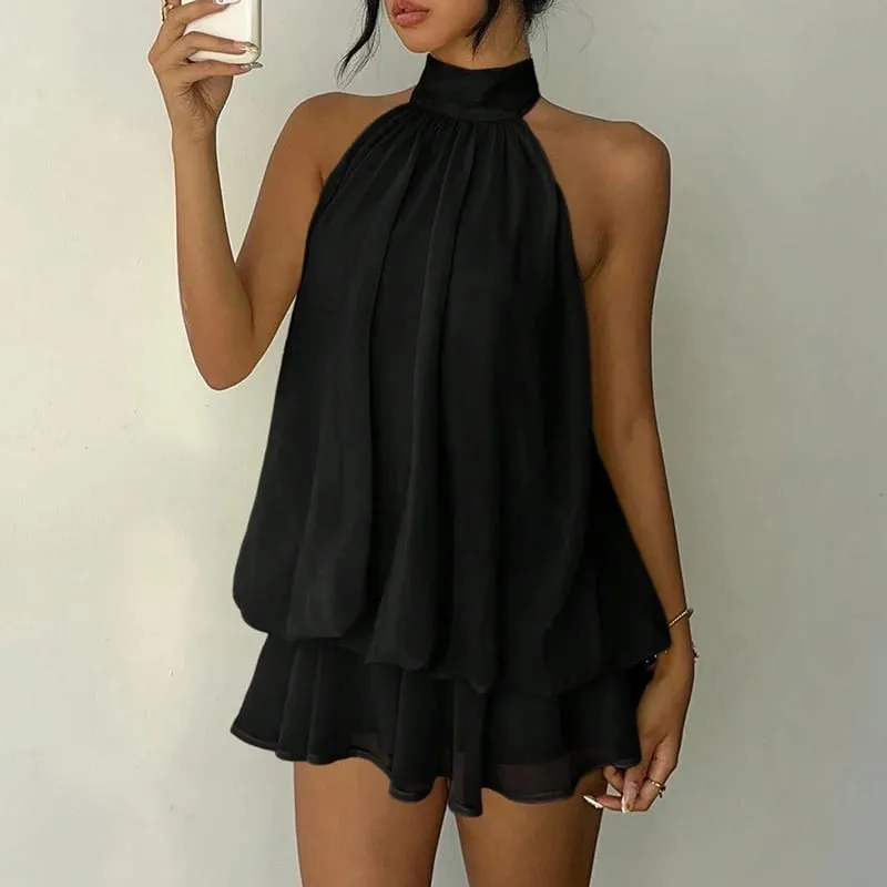 French Style Solid Color Halter Dress Women Sleeveless Off Shoulder Backless A Line Mini Dress Spicy Girl Beach Vacation Dresses