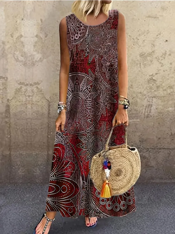 Women's Casual Dress with a Round Neck Sleeveless Featuring Paisley Pattern Print Leisure Bohemian Trendy V-neck Ankle-length