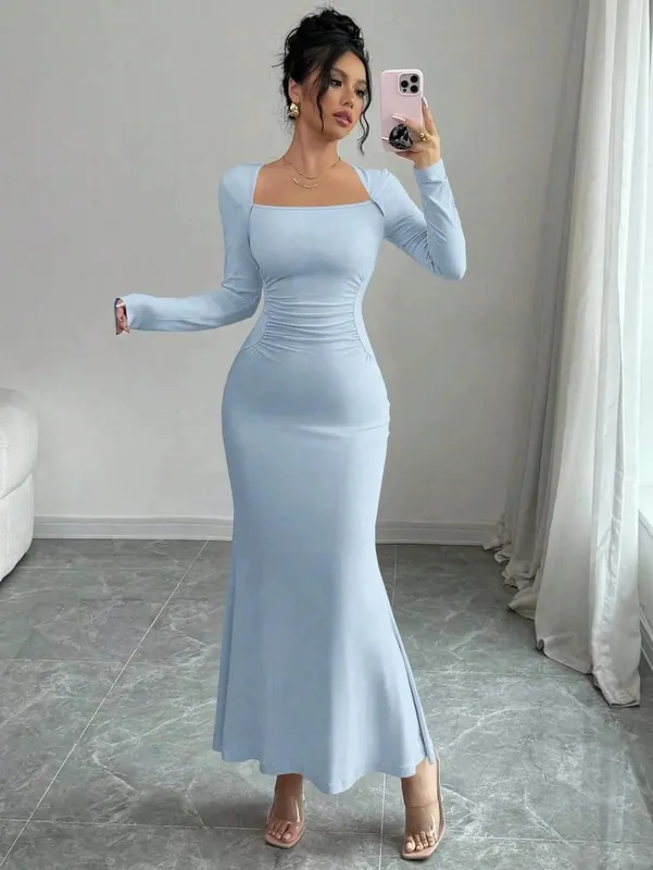Elegant Long Sleeve Fish Tail Dress Women's Fashionable Slim Fit Sexy Gown Full Length Ankle Skirt Regular Waistline