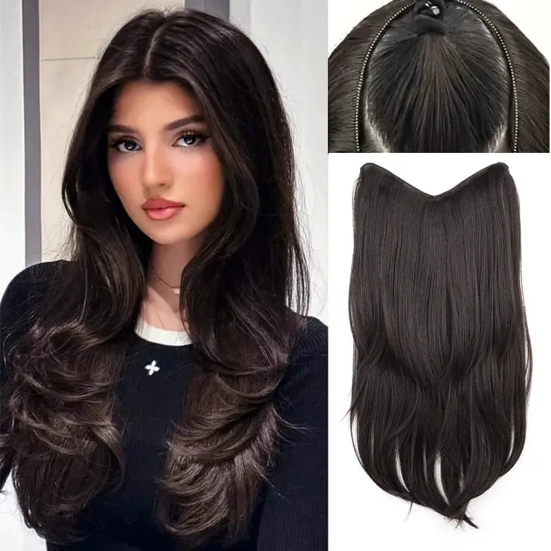 22Inch Synthetic V-Shaped Long Straight Layered Hair Extension Fluffy Increase Natural Invisible Hairpiece Wig for Women