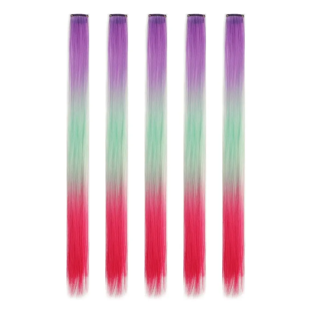 Extensions de cheveux synthétiques à clips, postiches colorées à reflets de fête pour filles, cheveux lisses multicolores de 18 pouces, 5 pièces/ensemble