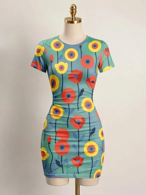 Womens Short Sleeve Bodycon Mini Dress Slim Fit Crew Neck Floral Print Casual Summer Party Flattering Lightweight Party Sundress