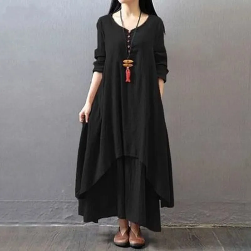 Spring Autumn Women Maxi Dresses Casual Full Sleeve Bohe Cotton Women'S Casual Fashion Loose Long With Button Solid Color Dresse