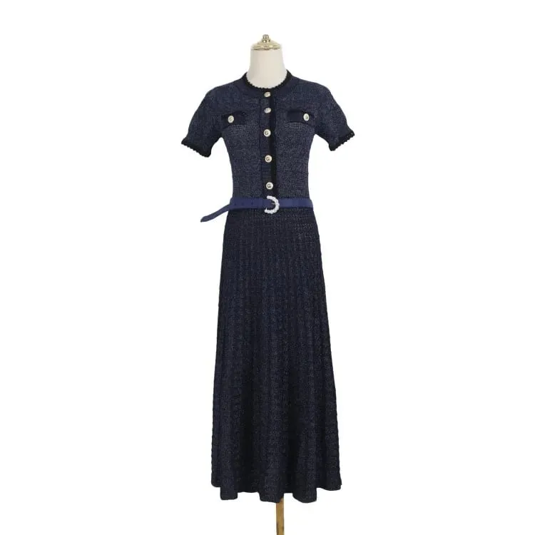 Summer New 2026 Fashion Women's Knitted Dress Sweaters Elegant Short Sleeve Mid Calf Casual Holiday Dresses Female Vestido