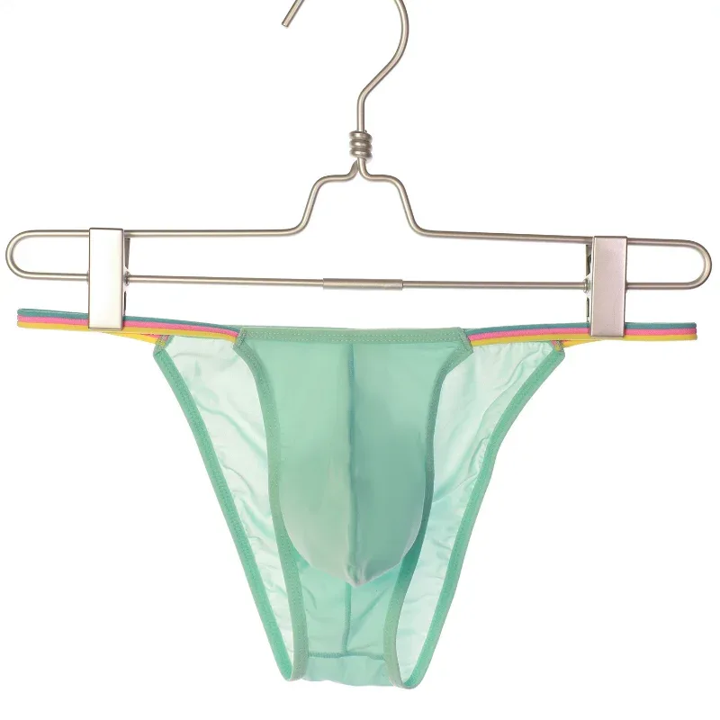 Men Low Waist Panties Bikini Underwear Ice Silk Wet Translucent U Convex Pouch Lingerie Underpants Thin High Fork String Homme