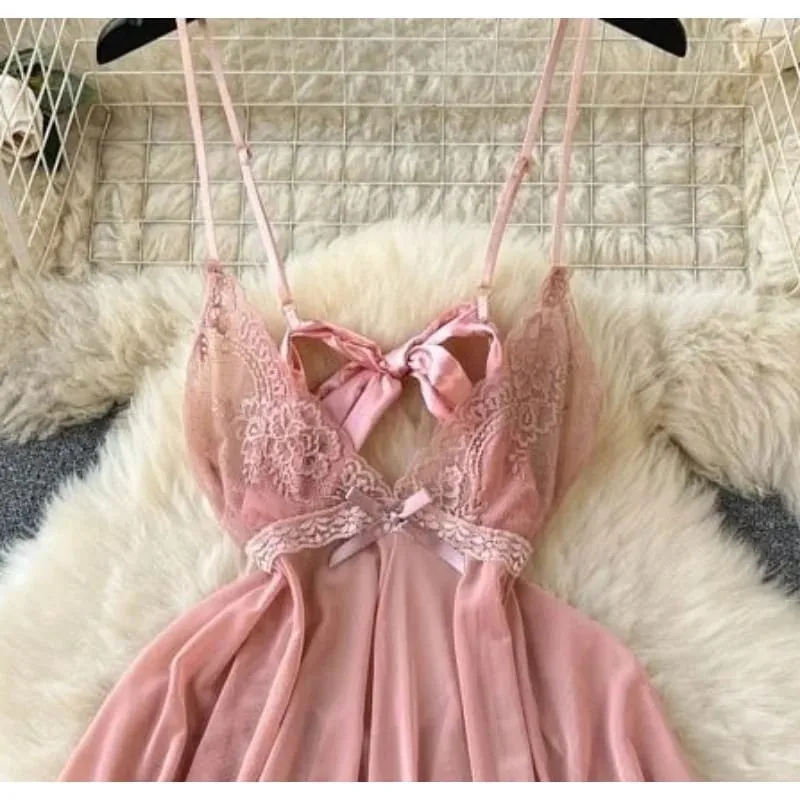 Woman Hotsweet Mini Dress V-Neck Strap Large Hem Dress Lace Trim Sexy Club Dating Party Comfortable Princess Pink Trend Y2K New