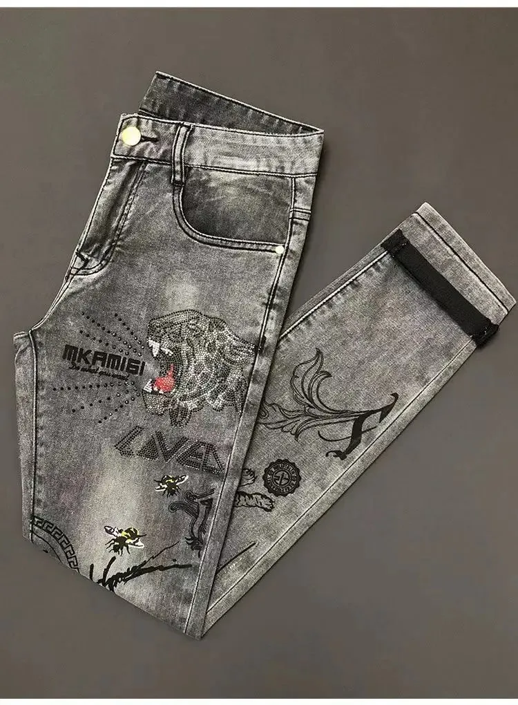 High-end Hot Diamond Jeans Men's Spring and Autumn Tide Brand Slim-fitting Small Feet Tiger Print Gray Casual Men Trousers Man