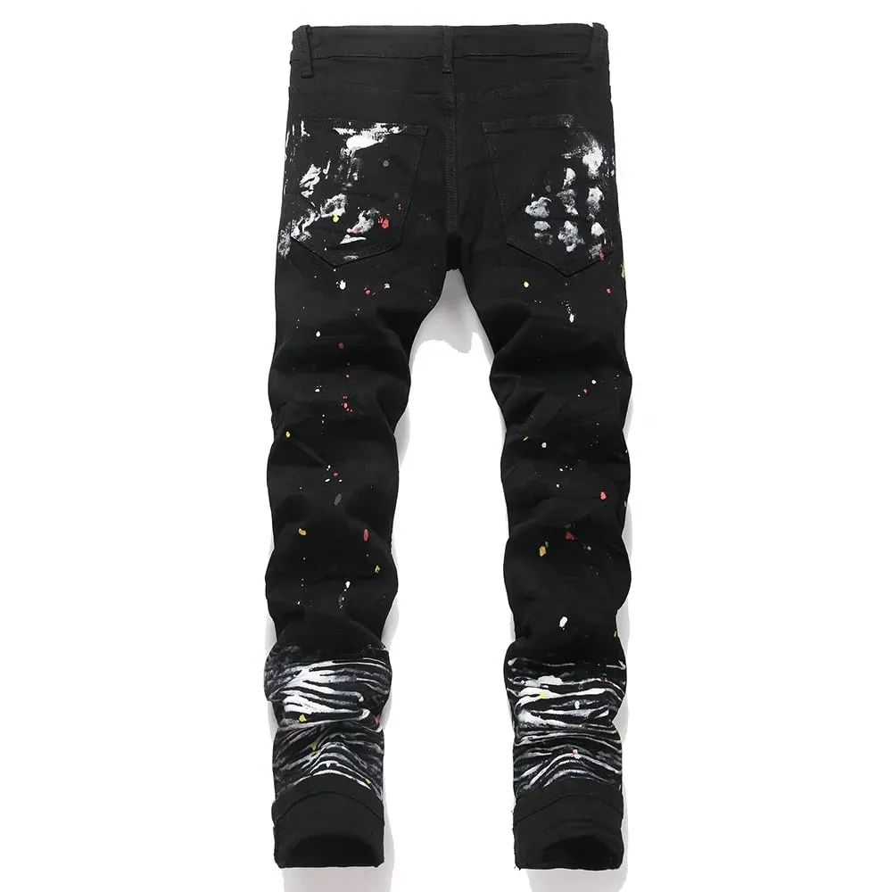 Men Painted Slim Tapered Jeans Punk Zipper Black Stretch Denim Pants Casual Streetwear Trousers