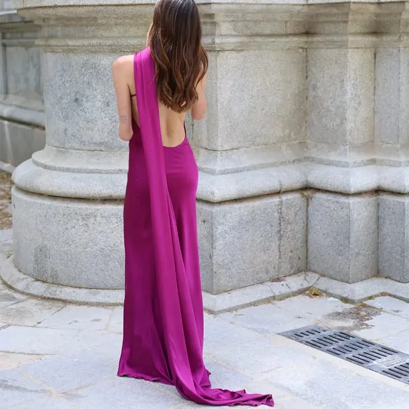 Backless Satin Long Sling Dress Women V Neck Sleeveless Slit Solid Sexy Party Dresses 2026 Summer Lady Vacation Evening Robes