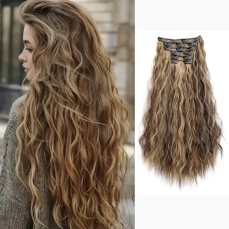 24Inch Synthetic Long Kinky Curly Clip-in Hair Extensions for Women High-Temperature Fiber Fluffy Hairpiece Everyday Wear