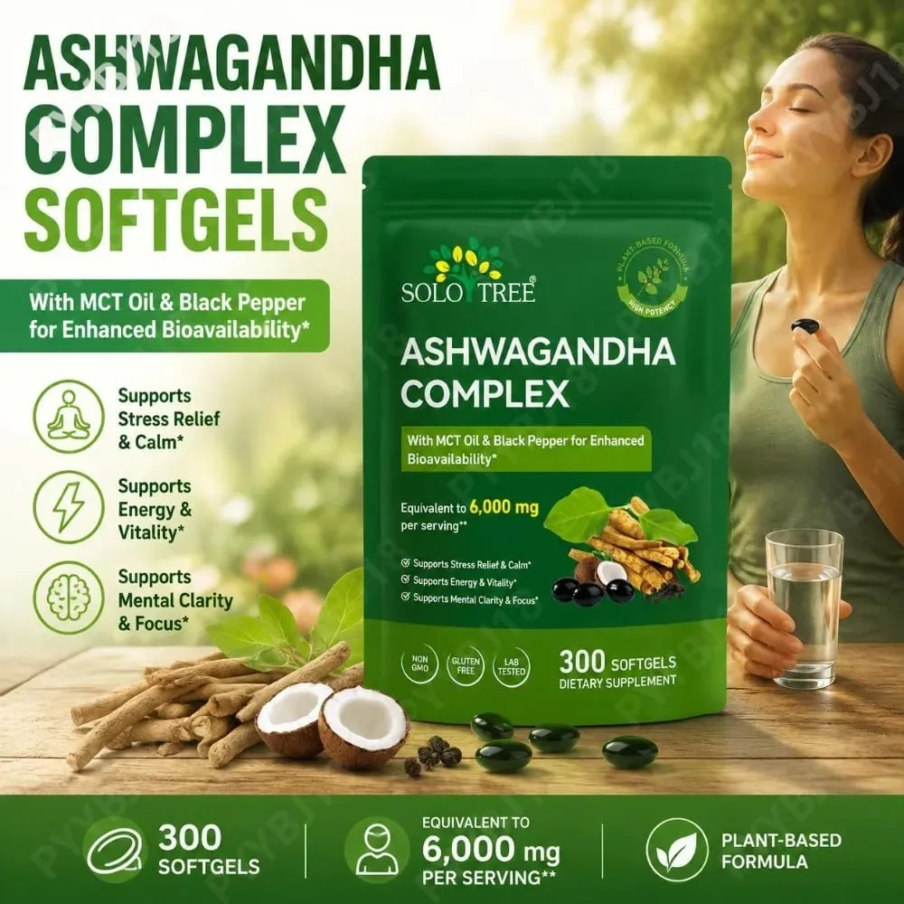 A Solo Tree Ashwagandha Complex lágyzselé támogatja a stresszoldást, megnyugtatja a mentális tisztaságot MCT olajjal és fekete borssal 300 lágyzselével