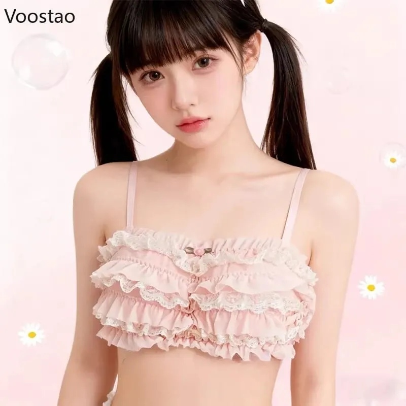 Japanese Sweet Lolita Style Bra Panties Lingerie Set Women Sexy Floral Lace Ruffles Briefs Kawaii Underwear Panty Intimates Sets