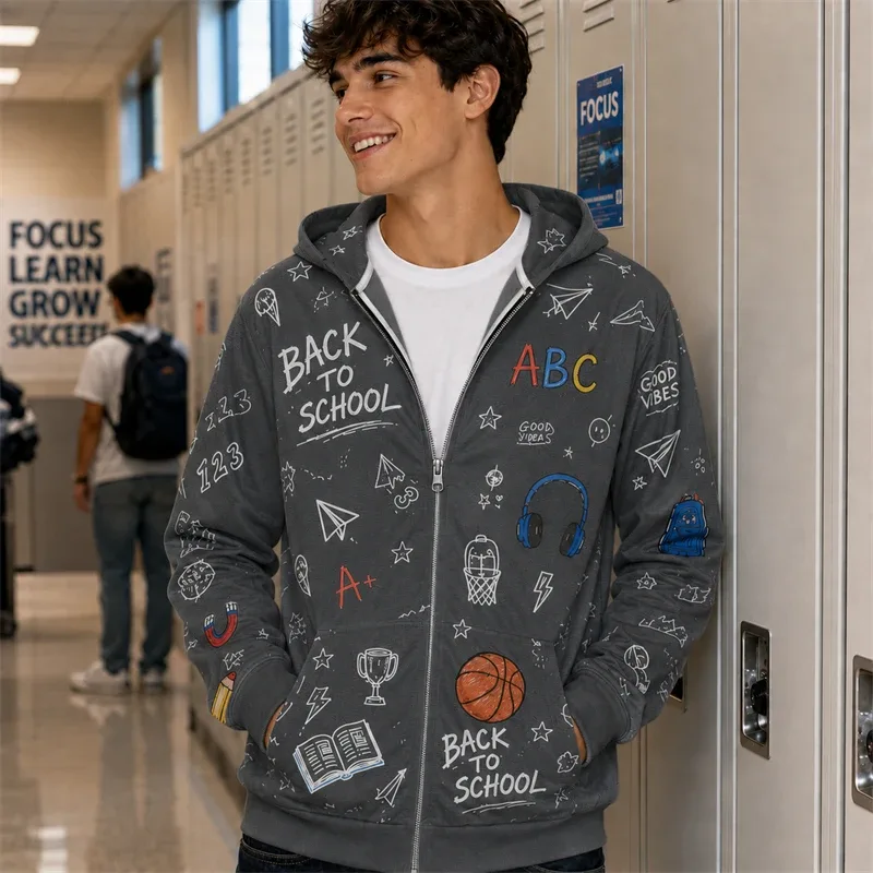 Zip Hoodie Men Back To School 3d Print A+ Graphic Basketball Book Pattern Hoodie New Y2k Gift Casual Street Hooded Sweatshirt